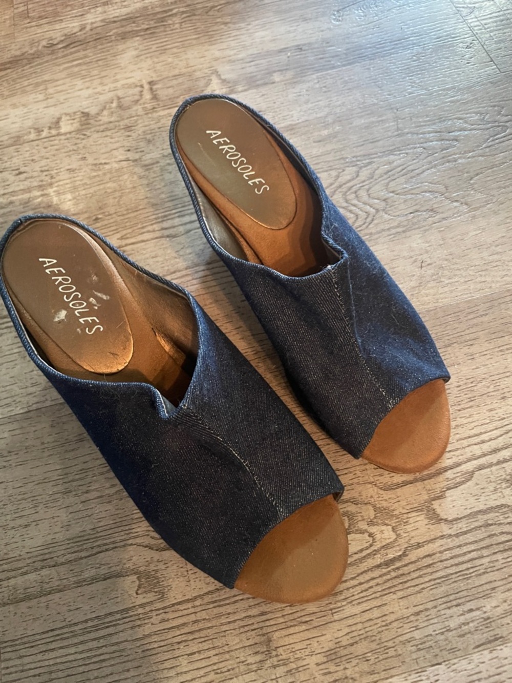 AEROSOLES Navy Denim Open-Toe Slip-On Mules